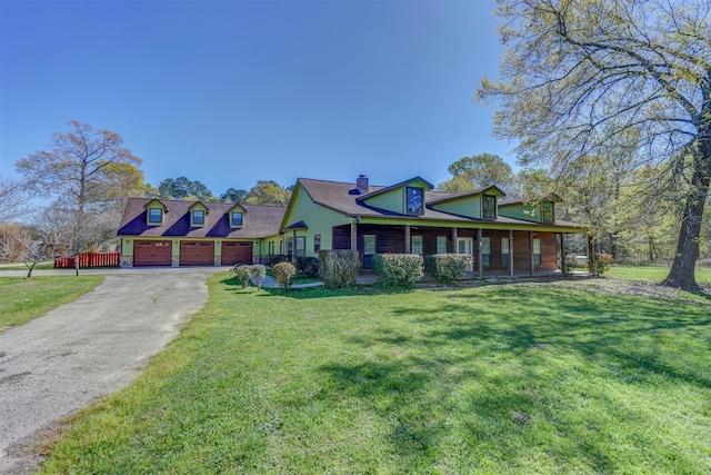 view of front of house with a chimney, driveway, and a front yard