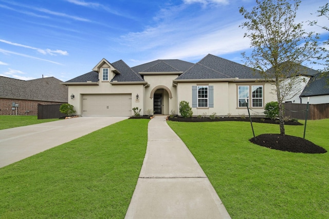 french country style house featuring a garage and a front yard