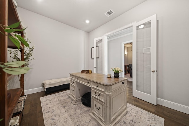 home office featuring french doors and dark hardwood / wood-style floors