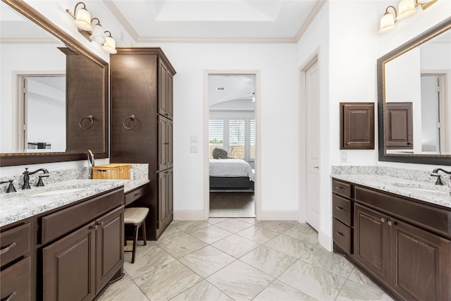 bathroom featuring vanity, ornamental molding, and a raised ceiling