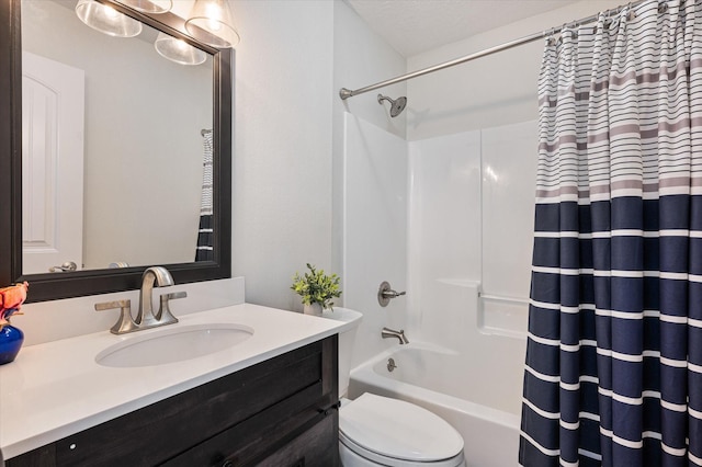 full bathroom featuring shower / bath combination with curtain, vanity, and toilet