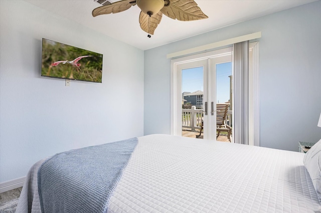 bedroom with french doors, ceiling fan, and access to outside