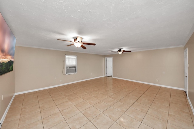 empty room with crown molding, cooling unit, ceiling fan, and a textured ceiling