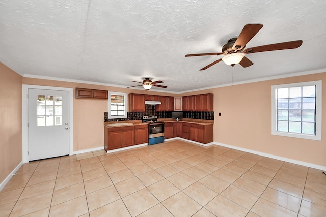 kitchen featuring ornamental molding, plenty of natural light, stainless steel range with electric cooktop, and decorative backsplash