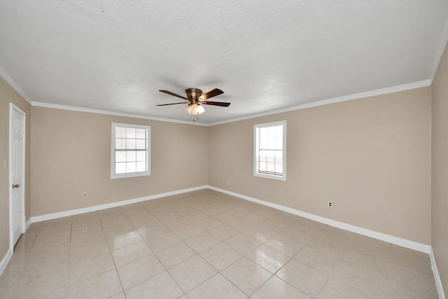 unfurnished room with ornamental molding, plenty of natural light, and ceiling fan