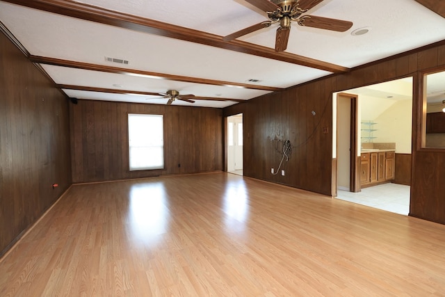 spare room with beamed ceiling, ceiling fan, wooden walls, and light hardwood / wood-style floors