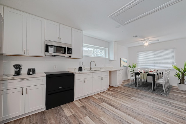 kitchen featuring sink, white cabinetry, ceiling fan, black electric stovetop, and light hardwood / wood-style floors