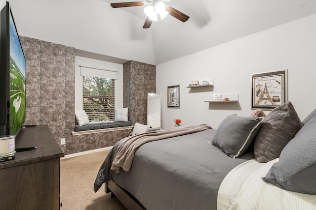 bedroom with lofted ceiling and ceiling fan