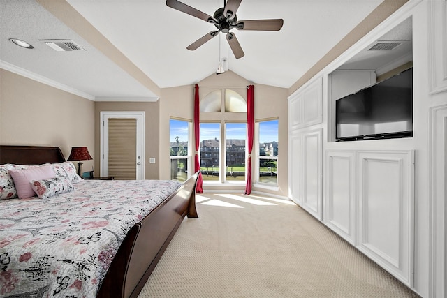 bedroom with lofted ceiling, light colored carpet, access to outside, ornamental molding, and ceiling fan