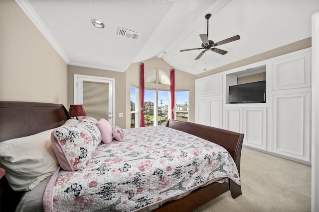 bedroom featuring crown molding, light colored carpet, lofted ceiling with beams, ceiling fan, and access to exterior