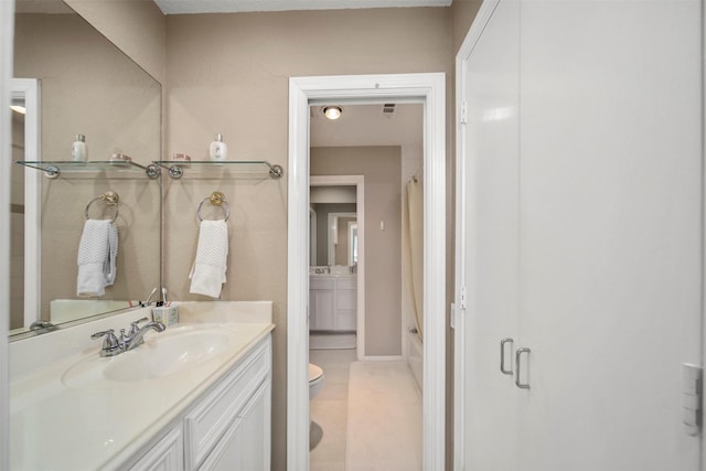 full bathroom with toilet, vanity, shower with separate bathtub, and tile patterned flooring