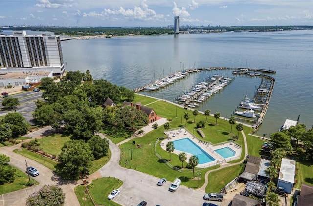 bird's eye view with a water view