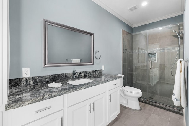 bathroom featuring walk in shower, ornamental molding, toilet, and vanity