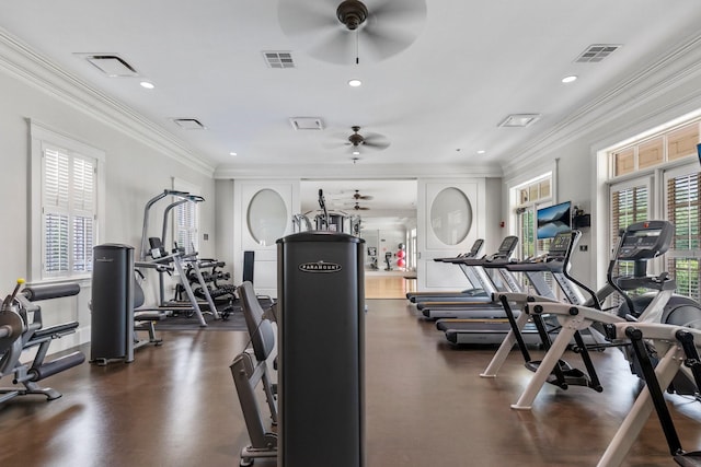 gym with crown molding, a healthy amount of sunlight, and ceiling fan