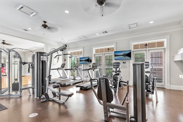 gym featuring ceiling fan and ornamental molding