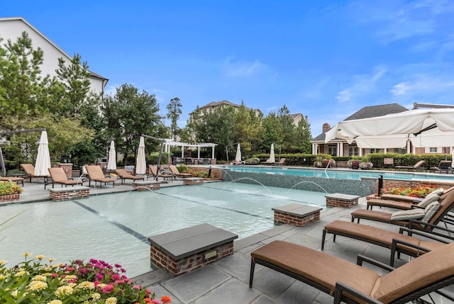 view of pool featuring a patio and pool water feature