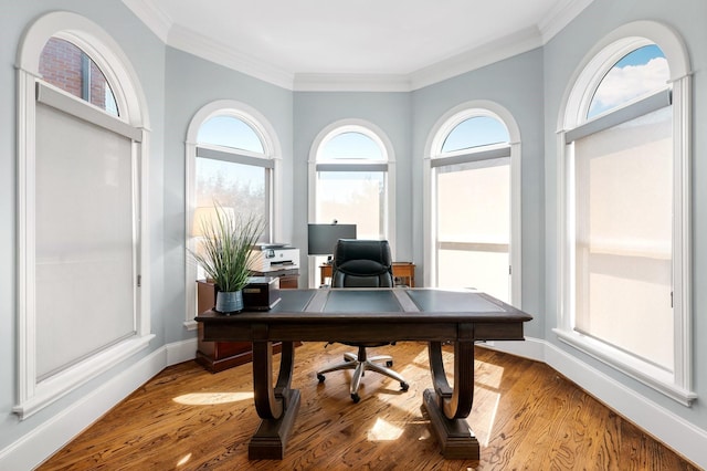 home office with light hardwood / wood-style flooring and ornamental molding