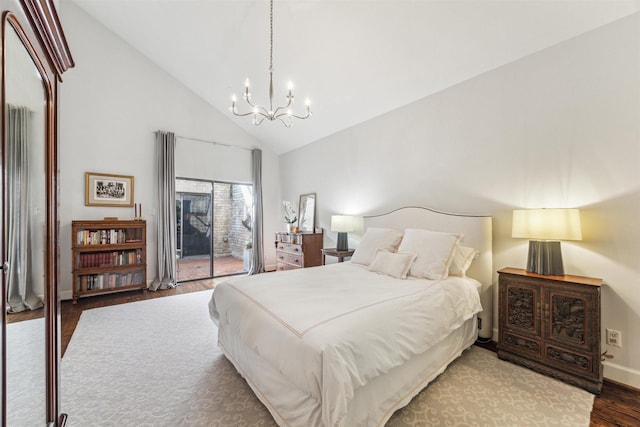 bedroom with a notable chandelier, high vaulted ceiling, hardwood / wood-style floors, and access to outside