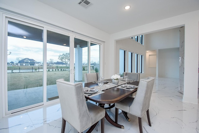 dining area with a water view