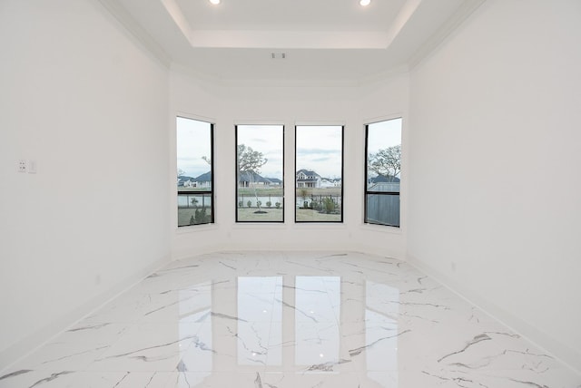 spare room with a water view, a tray ceiling, and crown molding