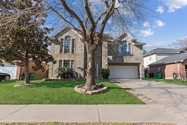 front facade with a garage and a front lawn