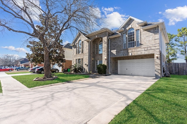 view of front of property with a garage and a front lawn