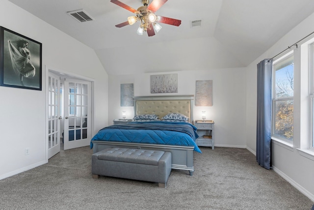 bedroom with french doors, light colored carpet, ceiling fan, and vaulted ceiling