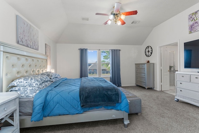 carpeted bedroom with lofted ceiling and ceiling fan