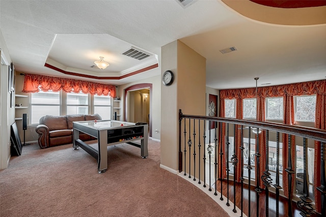 rec room featuring carpet flooring and a tray ceiling