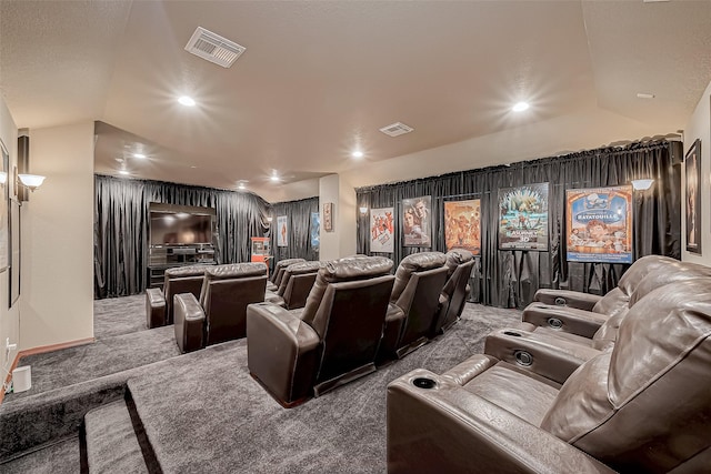 12403 Summer Lake Ranch Dr, Houston, TX 77044 - carpeted cinema room with recessed lighting, lofted ceiling, and visible vents