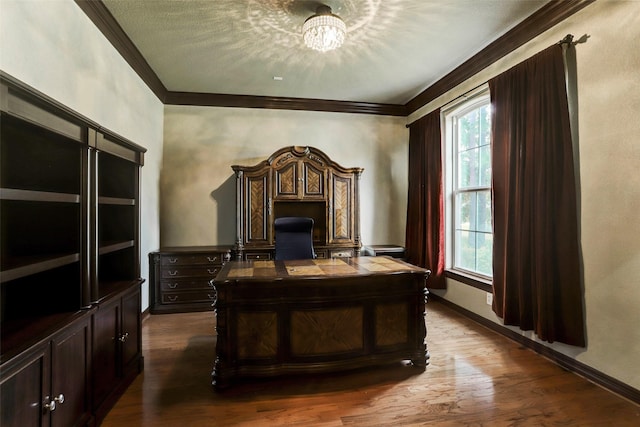 office area with an inviting chandelier, wood-type flooring, and ornamental molding