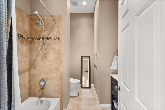 full bathroom featuring shower / bathtub combination with curtain, vanity, and toilet