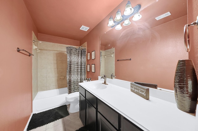 full bathroom with shower / bathtub combination with curtain, vanity, tile patterned floors, and toilet