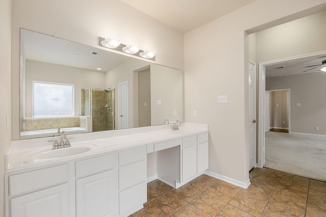 bathroom with independent shower and bath, vanity, and ceiling fan