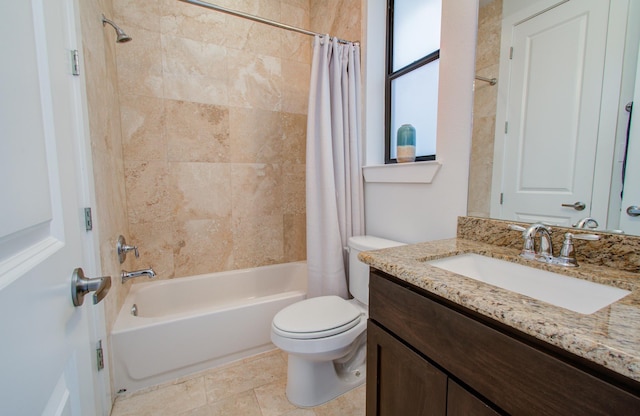 full bathroom with vanity, shower / bath combination with curtain, and toilet