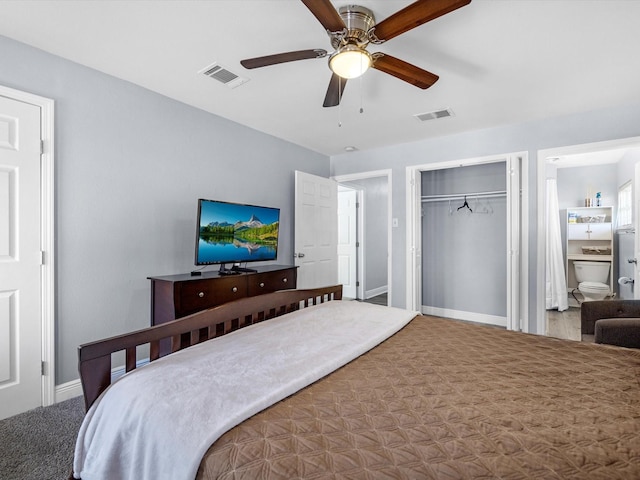 carpeted bedroom with a ceiling fan, a closet, visible vents, and baseboards