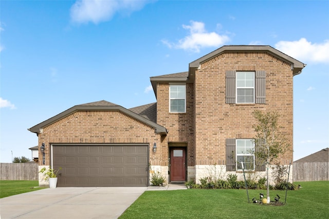 traditional-style house featuring an attached garage, brick siding, driveway, roof with shingles, and a front lawn