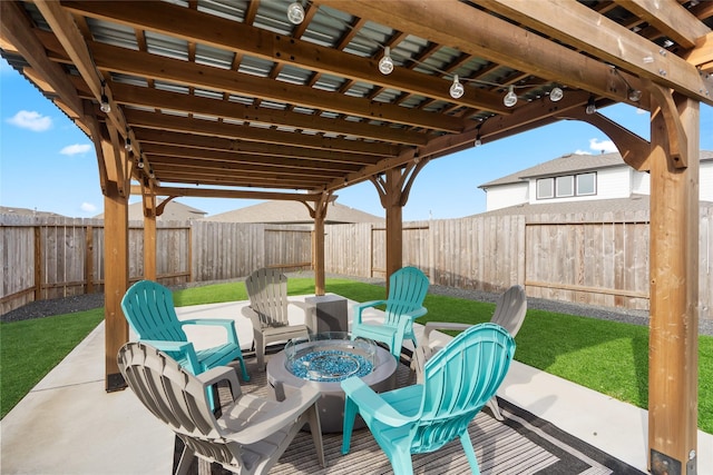 view of patio featuring an outdoor fire pit and a fenced backyard