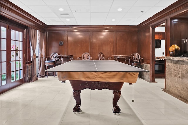 game room with crown molding, billiards, and french doors