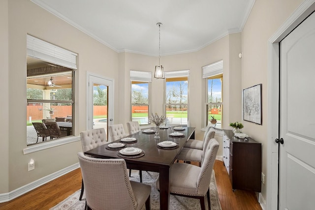 dining area with wood finished floors, healthy amount of natural light, baseboards, and ornamental molding