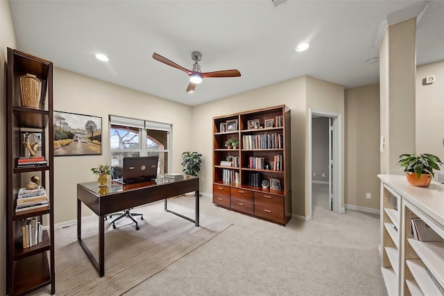office area featuring a ceiling fan, baseboards, light colored carpet, and recessed lighting