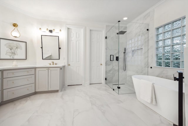 bathroom featuring crown molding, shower with separate bathtub, and vanity