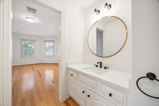 bathroom featuring hardwood / wood-style flooring and vanity