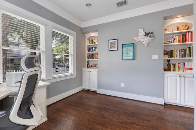 office with dark hardwood / wood-style flooring, ornamental molding, and built in features