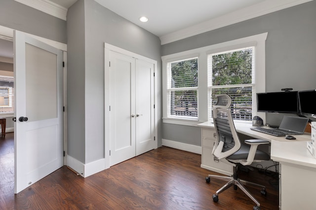 office area featuring ornamental molding and dark hardwood / wood-style floors