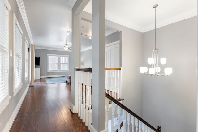 hall with crown molding, dark hardwood / wood-style floors, and an inviting chandelier