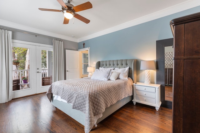 bedroom featuring french doors, crown molding, dark hardwood / wood-style flooring, ceiling fan, and access to exterior