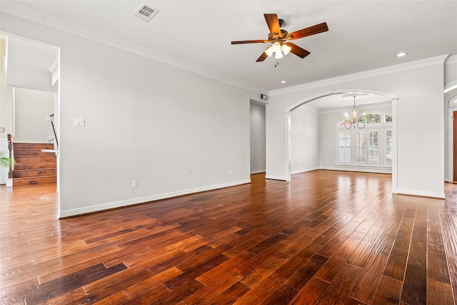 unfurnished living room featuring ornamental molding, dark hardwood / wood-style floors, and ceiling fan with notable chandelier