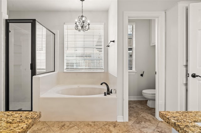 full bathroom with vanity, a chandelier, plus walk in shower, and toilet