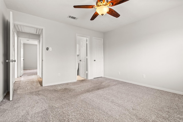 unfurnished bedroom with light carpet and ceiling fan